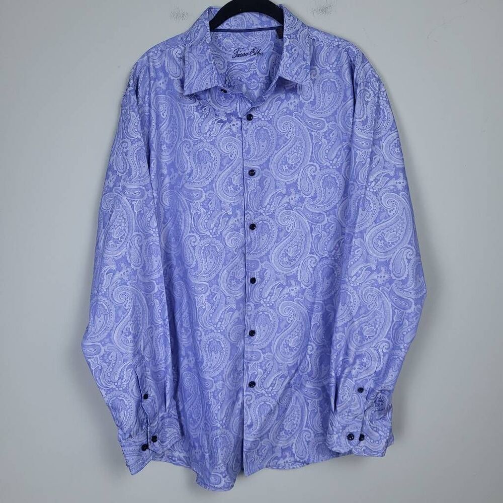 Tasso Elba Mens Paisley Button Up Shirt Blue Size XL Long Sleeve Flip Cuff Work
